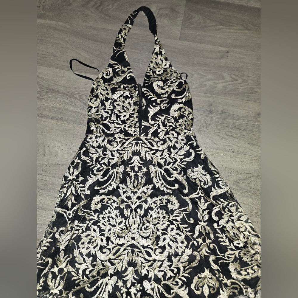 Xtraordinary Black Strapless Dress with Gold Lace Overlay